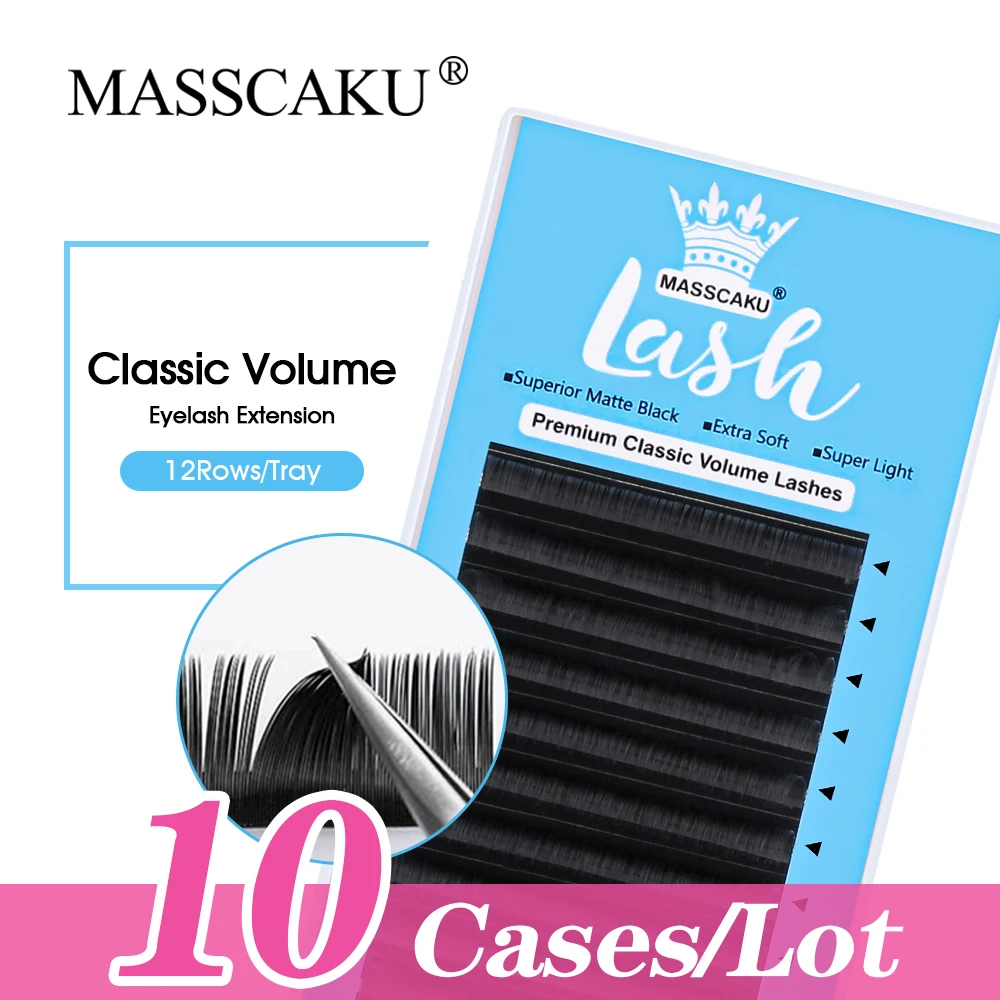 

10cases/lot Matte Black MASSCAKU Premium Mink Individual Eyelashes Extensions Private Label Classic Volume Lashes Supplies