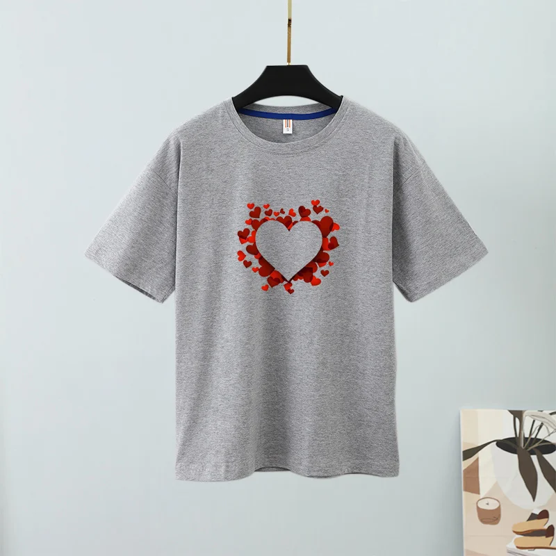 Short Sleeve T-shirts Women Heart Print O-neck Soft Casual Female Tees T-shirt 2022 New Summer Loose Fashion Basic Ladies Tops |