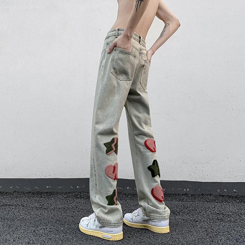 Straight Jeans Pants Men High Street Embroidery Denim Trousers Fashion Streetwear Vintage Harajuku Plus Size Male Y2K Clothing
