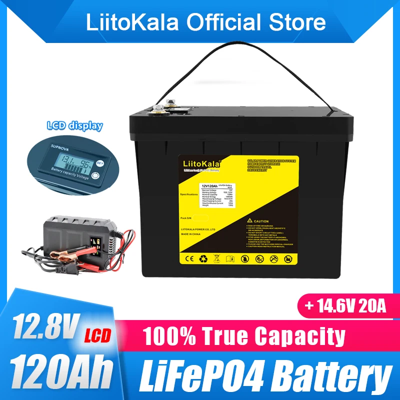 

LiitoKala 12v 120ah Capacity lifepo4 12.8V battery solar battery pack RV Rechargeable Lithium Iron with bms for Outdoor camping