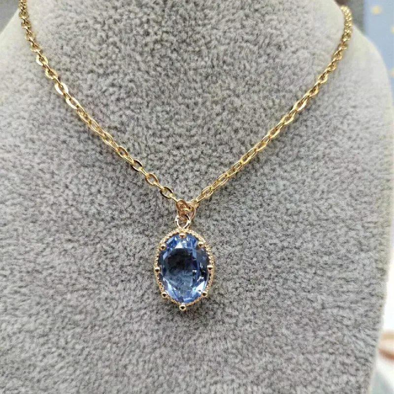 

Fashion Women Stainless Steel Vintage Oval Light Sapphire Crystal Diamond Chain Pendant Jewelry Bride Wedding Anniversary Gift J
