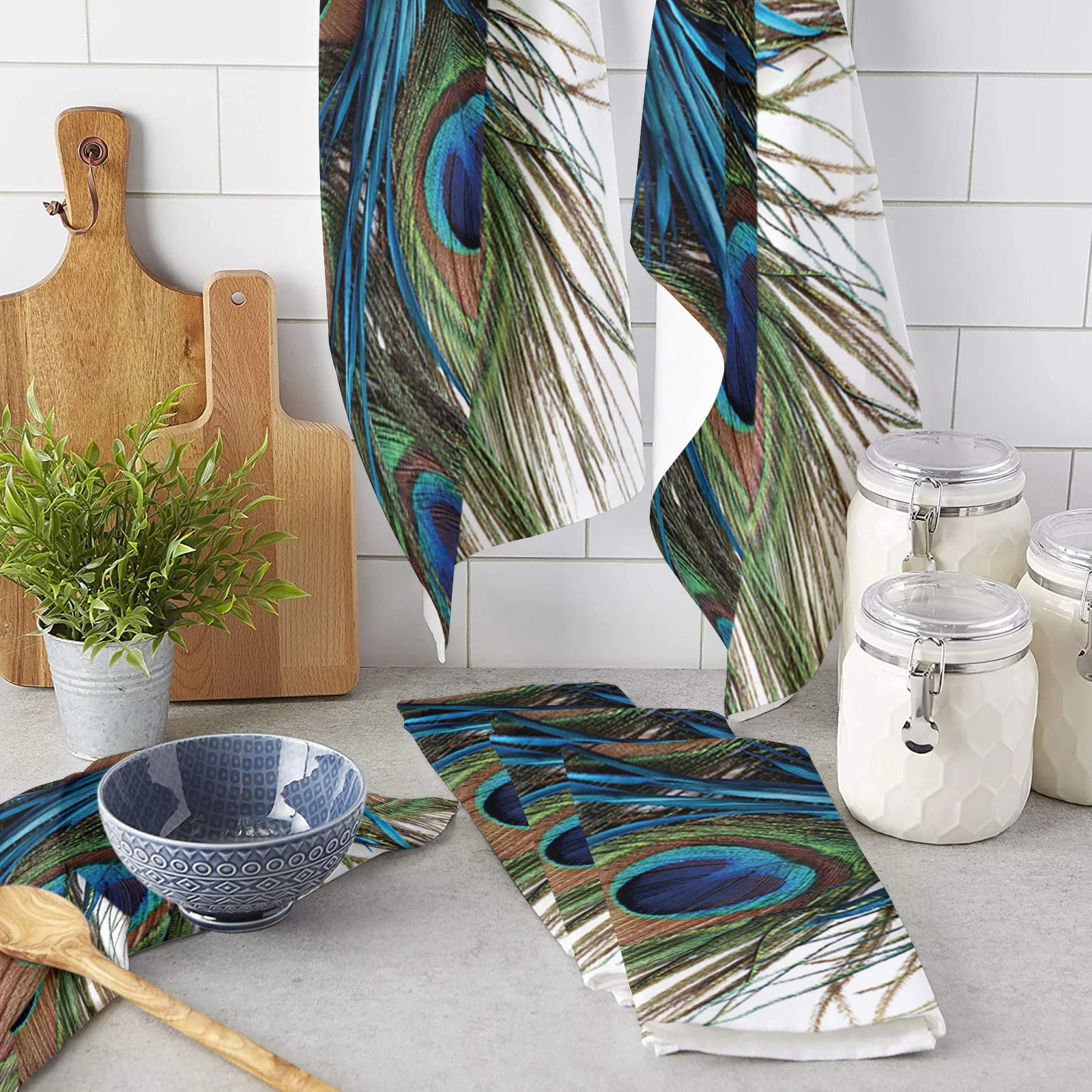 Peacock Feather Art Kitchen Towel Set Cleaning Cloth Kitchen Accessories Dish Washing Cloth Household Decoracion