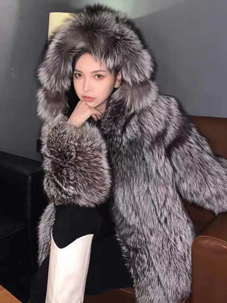 Fashion Long Sleeve Faux Fox Fur Hooded Coat Women 2022 Winter Elegant Ladies High Street Short Coats Casual Outwear