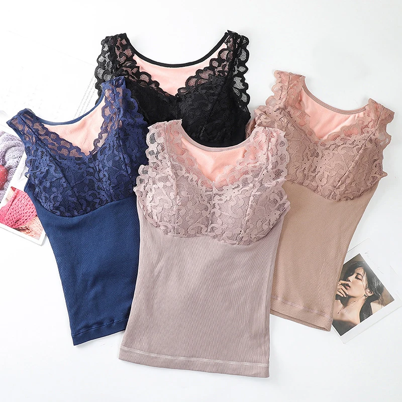 

Gobetter 2023 Autumn Winter Warm Velvet Vest for Women Lace Girls Sleeveless Camis Tops Female Thermal Underwear Tanks Tees