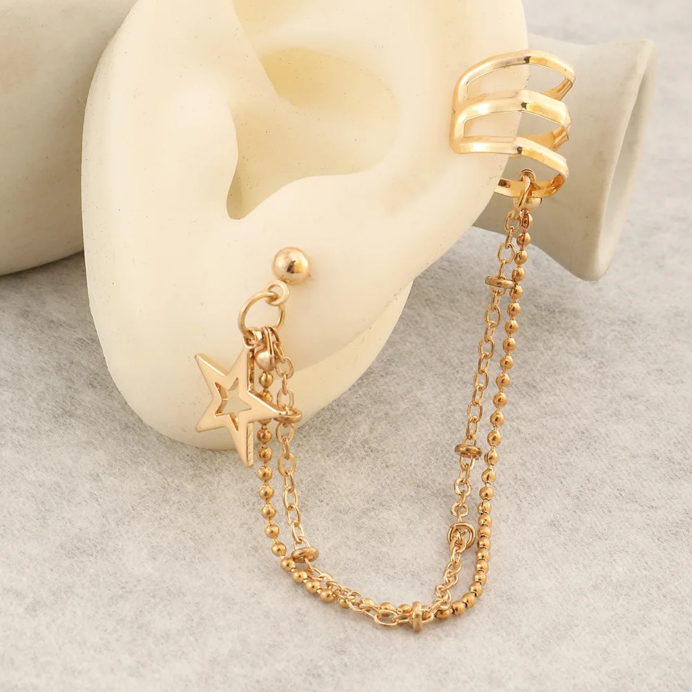 

KunJoe 1PC New Fashion Gold Star Heart Clip Earings Ear Clip For Women Retro Fake Cartilage Long Tassel Chain Ear Cuff Jewelry