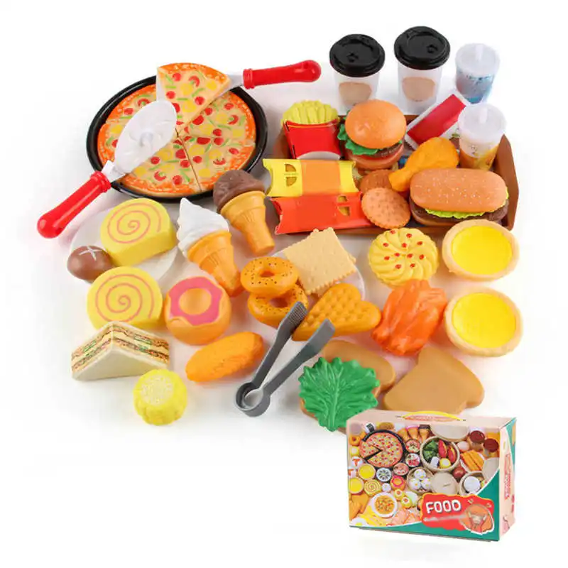 

56Pcs Simulation kitchen food set Pizza churros breakfast hamburger set children's play house toys Gifts For Children Kids