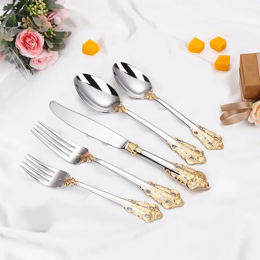 

Forks 304 Set Gold Vintage Sliverware Luxury Steel Cutlery Engraving Knive Tableware Dinnerware Stainless Western Spoons