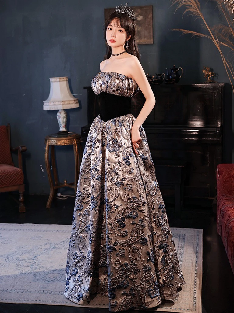 

Gorgeous Celebrity Dresses Print Satin Jacquard A Line Strapless Empire Lace Up Sleeveless Wedding Party Evening Gowns Princess