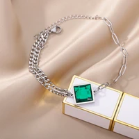 square green acrylic anklets for women stainelss steel antique sliver color double layer chain anklet leg bracelet boho jewelry
