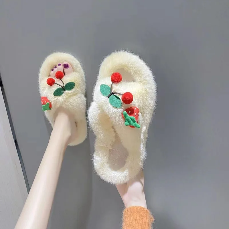 Fashionable Cherry Strawberry Furry Women's Slippers New Style Open-toed Ladies Slippers for Fall/winterComfortable and warm