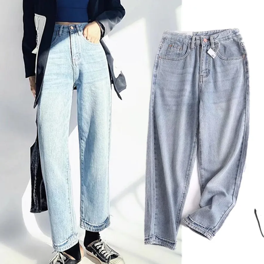 Jenny&Dave Fashion High Wasit Mom Street Burrs Straight Loose jeans England Style Retro Washed Light Blue High Jeans Women