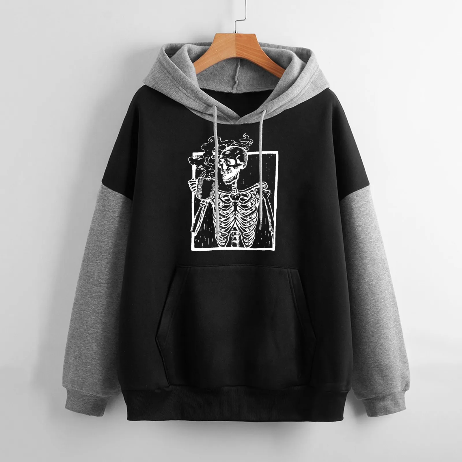 

Hoodies Womens Casual Long Sleeve Skeleton Printed Pullover Hooded Drawstring Sweatshirt Top Korean Style Vintage Clothes 3