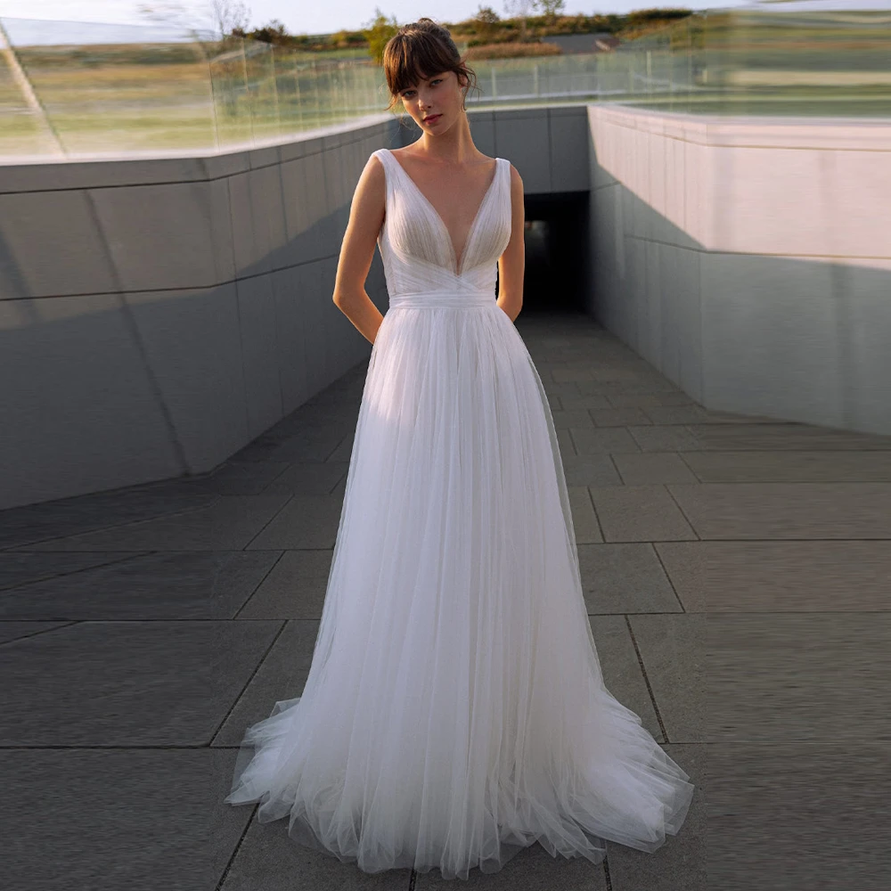

Простое женское свадебное платье BEIER с глубоким V-образным вырезом, ТРАПЕЦИЕВИДНОЕ плиссированное платье на молнии со шлейфом, платье невесты, новинка 2023