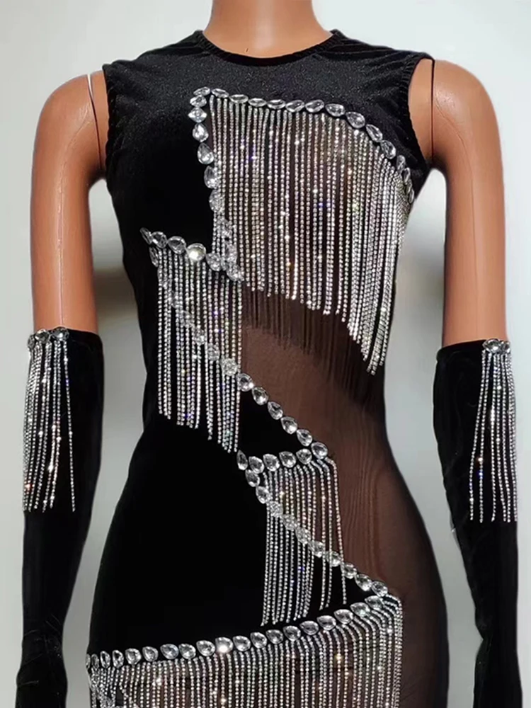 Высококачественное популярное эластичное платье с бахромой и бриллиантами +