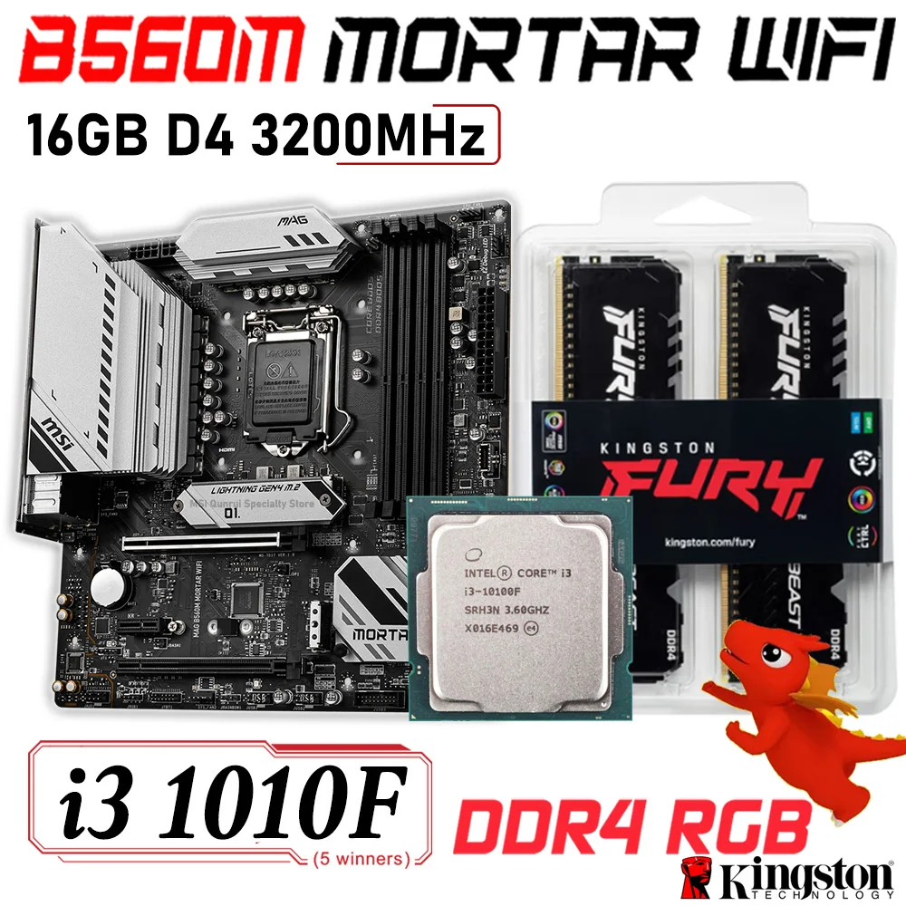 

Материнская плата MSI MAG B560M раствор WIFI B560 + процессор Intel Core i3 10100F + Kingston DDR4 16 Гб ОЗУ 10105F комплект ЦП Combo i5 LGA 1200 Игровая материнская плата MSI B560 с п...