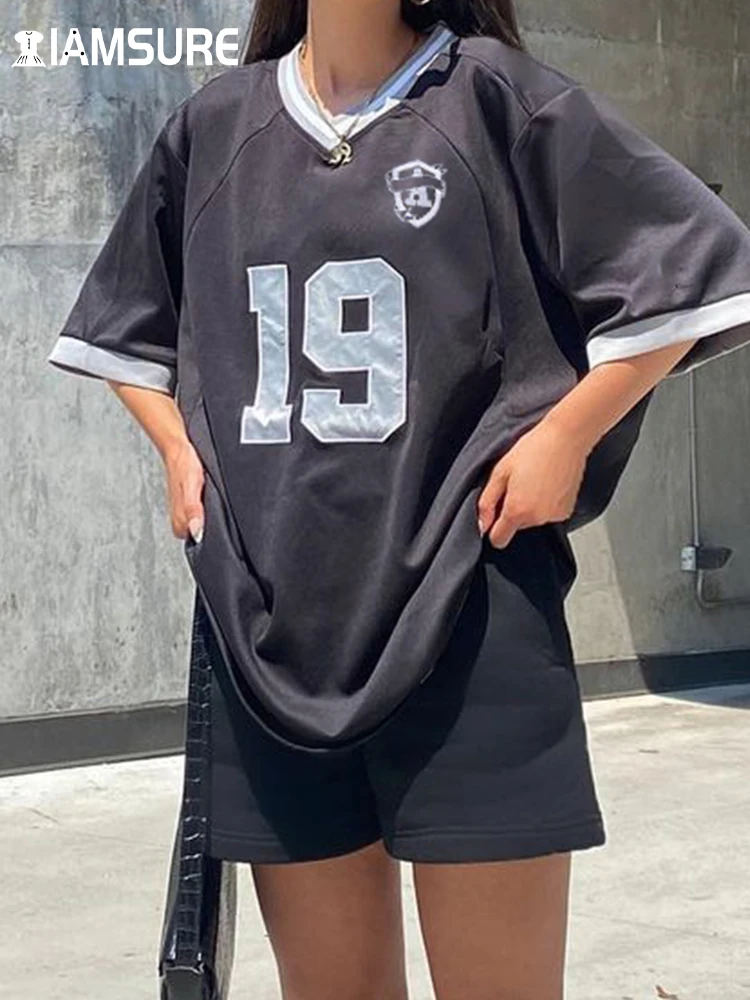 

IAMSURE Casual Streetwear Contrast Color T Shirt Basic Loose V-Neck Short Sleeve Tees Women Summer Fashion Sporty Activewear