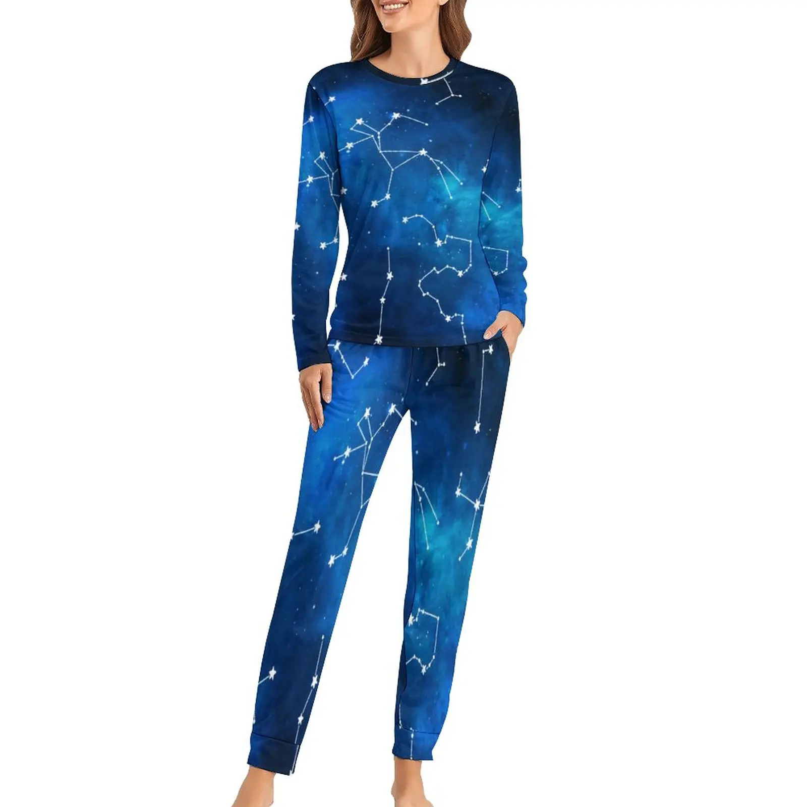 

Blue Galaxy Pajamas Sky Map Constellation Astronomy Casual Oversize Sleepwear 2 Pieces Print Pajama Sets Long Sleeve Home Suit