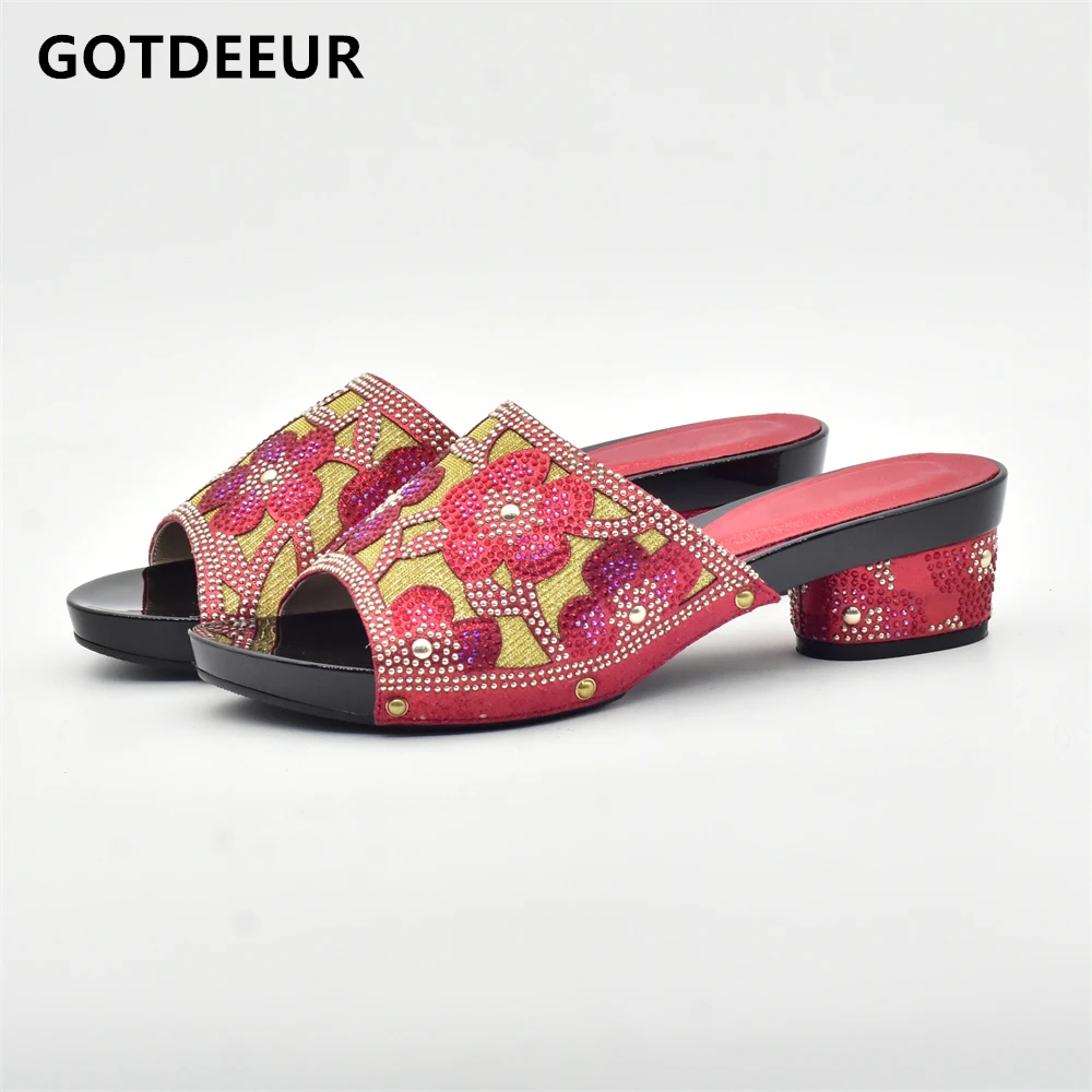 

New Red Rhinestone Women Wedding Shoes High Quality African Paty Shoes Open Toe Sexy Ladies Shoes Italian Women Wedding Pumps