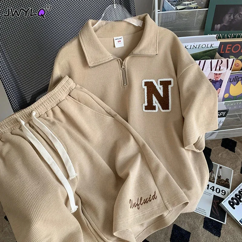 

M-4xl Summer Polo Collar Letter Embroidery Short Sleeve Sweatshirts+drawstring Shorts Womens Two Peice Sets New Sweatsuits Women