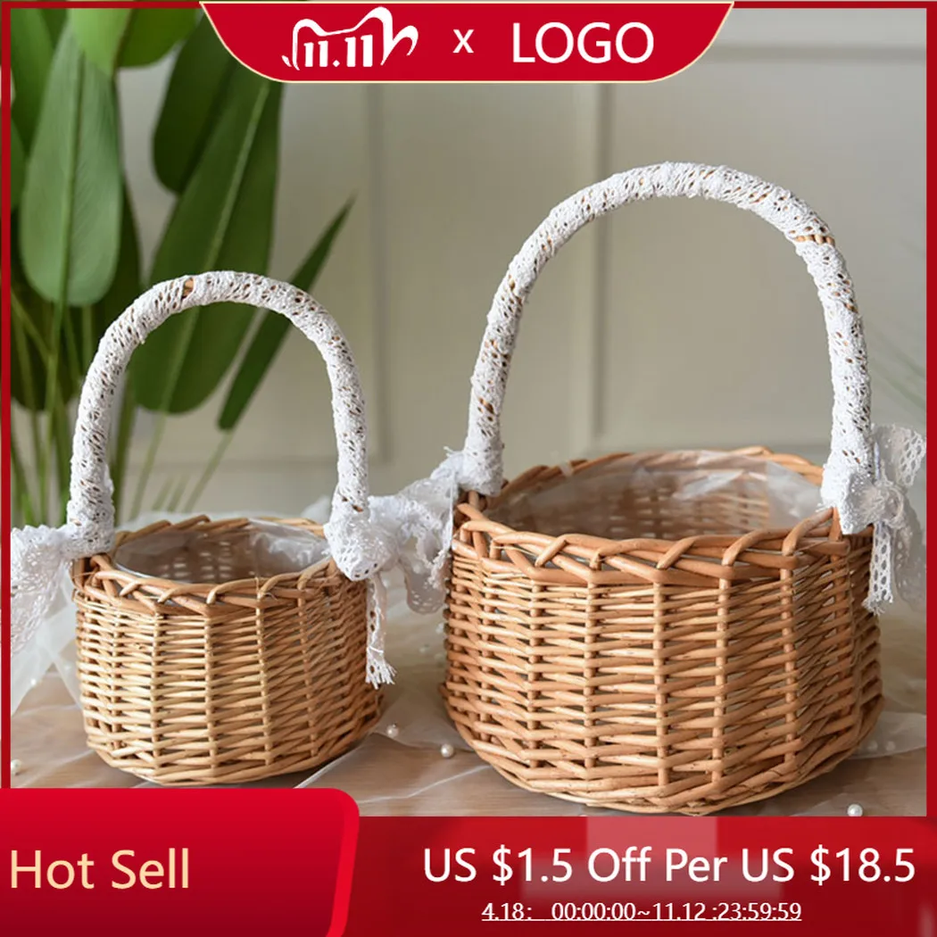 

Корзина для хранения из натурального ротанга, корзина для свадебных и женских цветов, плетеная ручная работа с кружевной декоративной ручк...