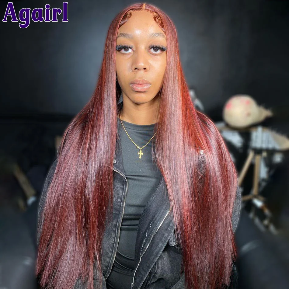 Dark Red Brown 4X6 Glueless Straight Human Hair Wigs Transparent Lace 13X4 13X6 Frontal Wigs for Women 32 34Inches 180% Density