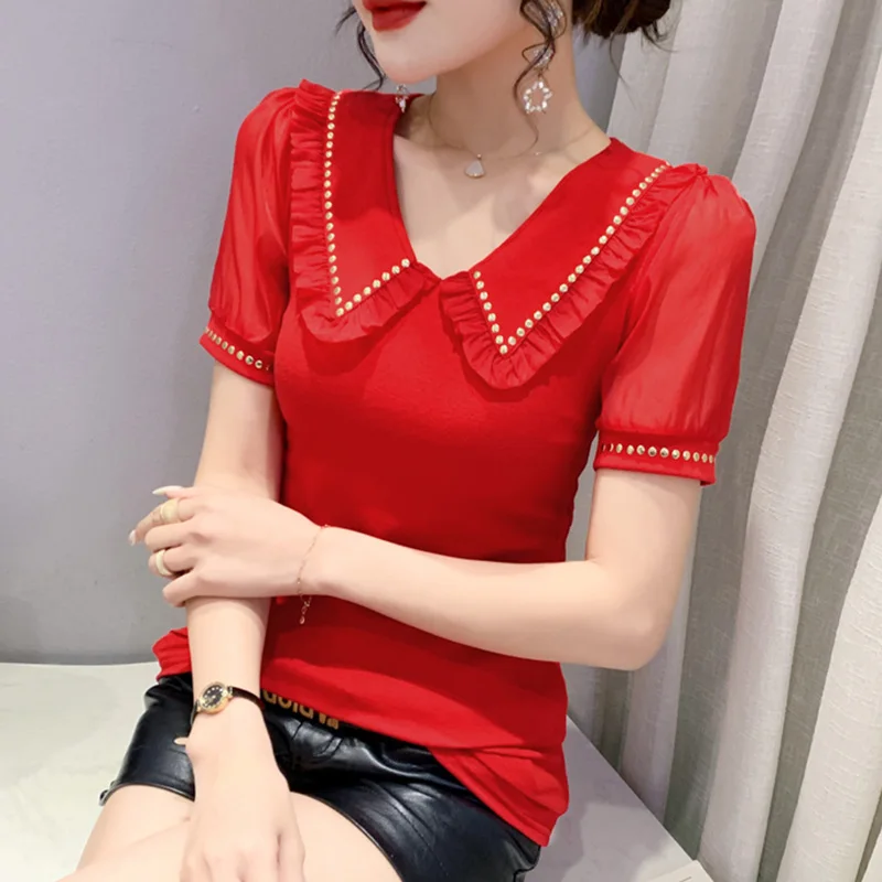 

Short Sleeved Women Tops New 2022 Summer Solid Color Sailor Collar Ribbed Women's T-Shirt Plus Size Female Blusas Clothes