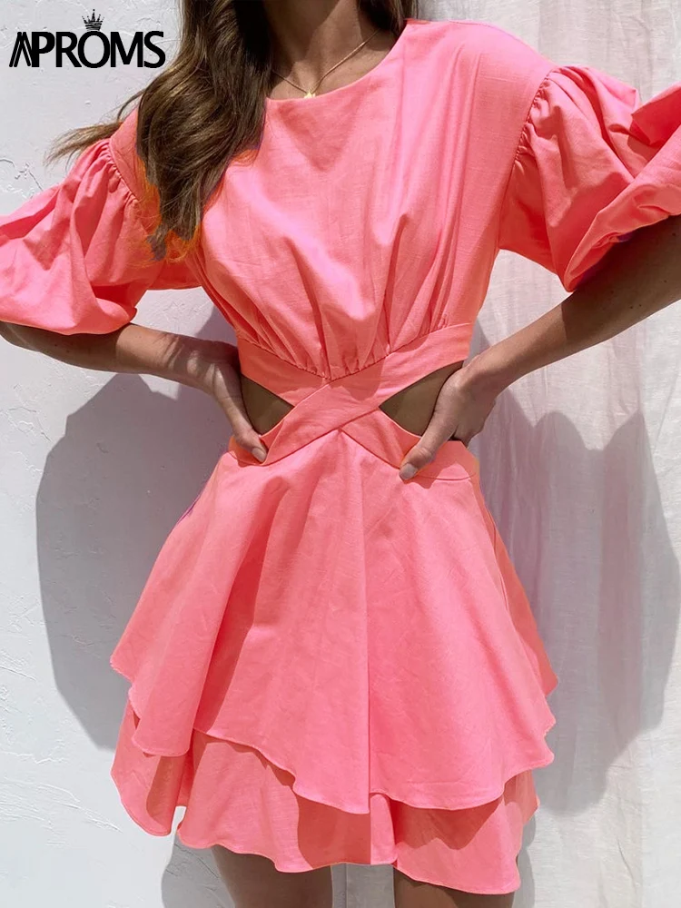 

Aproms Elegant Pink Short Sleeve Ruffle Cut-Out Mini Dress Women Summer Backless Tie Bow Holiday Casual Mini Dresses Femme 2022