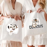 shopping bags women canvas shoulder bag reusable ladies cat pattern handbags casual tote grocery storage bag for girls