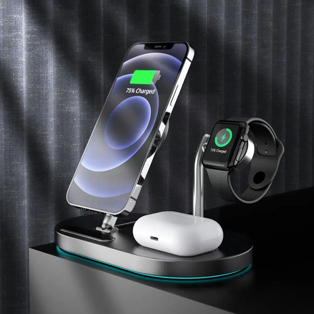 

Магнитная Беспроводная зарядная подставка 3 в 1 15 Вт для IPhone 13 12 11 Pro Max для Apple IWatch 6 SE для Airpods 2 Быстрая зарядка X2A0