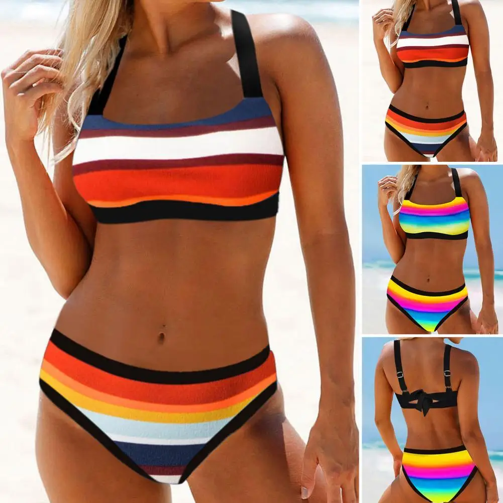 

Sleeveless 2 Pcs/Set Trendy Rainbow Color Swimming Suit Beachwear Summer Bikini Set Eye-catching Beach Clothes