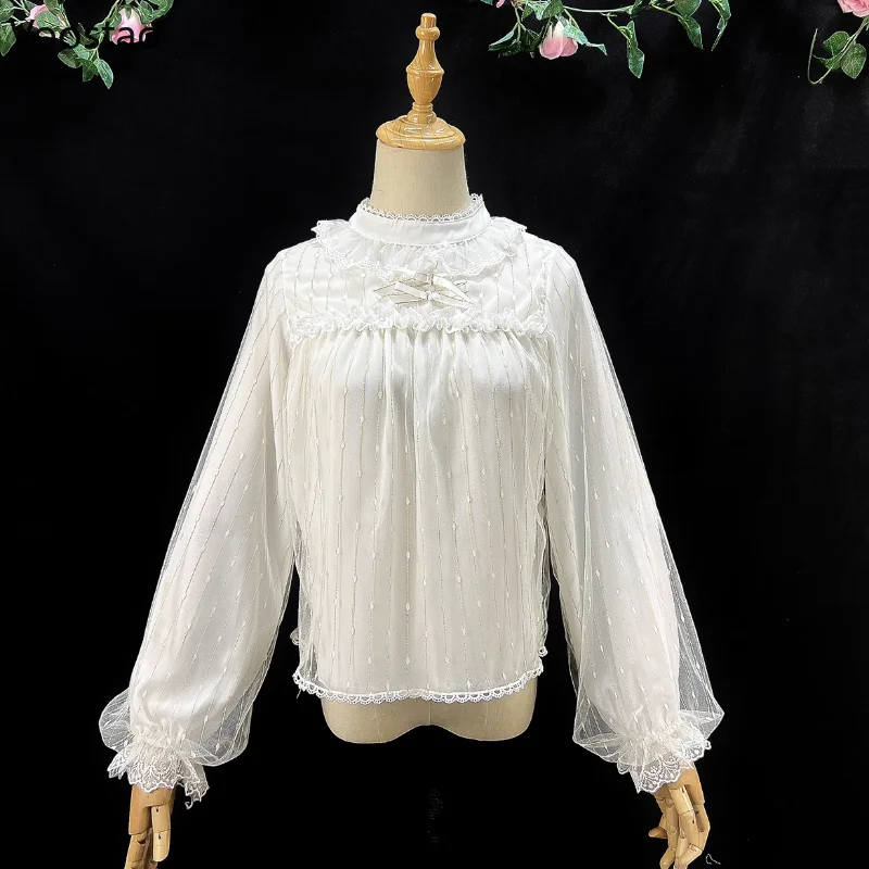 

Japanese Sweet Lolita Blouses Women Casual Ruffles Mesh Long Sleeve Chiffon Shirts Vintage Gothic Girls Y2k Loose Clothes Tops