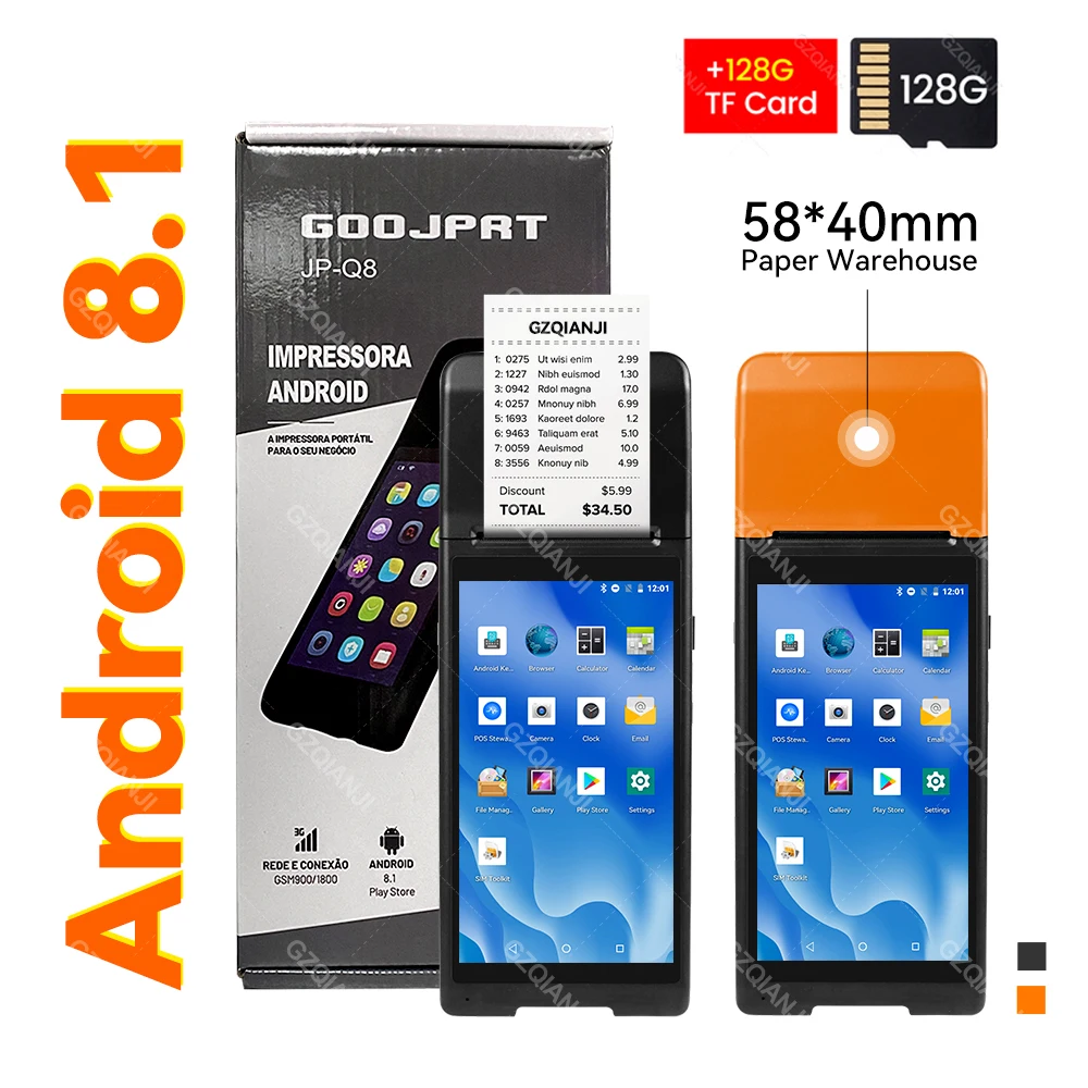 

Q8 POS Terminal Handheld 3G WiFi 58mm Thermal Receipt Printer 128G TF Card for Loyverse Brazil Football Betting App Parking app