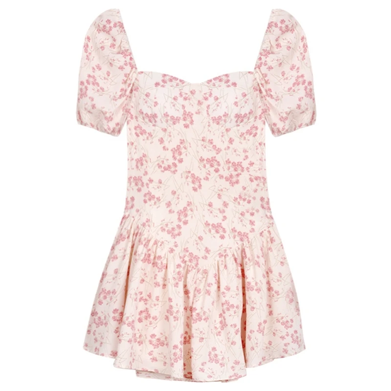 

Women Puff Short Sleeve Mini Flowy Dress French Style Retro Square Neck Floral Print Ruffle Hem Empire Waist Sundress