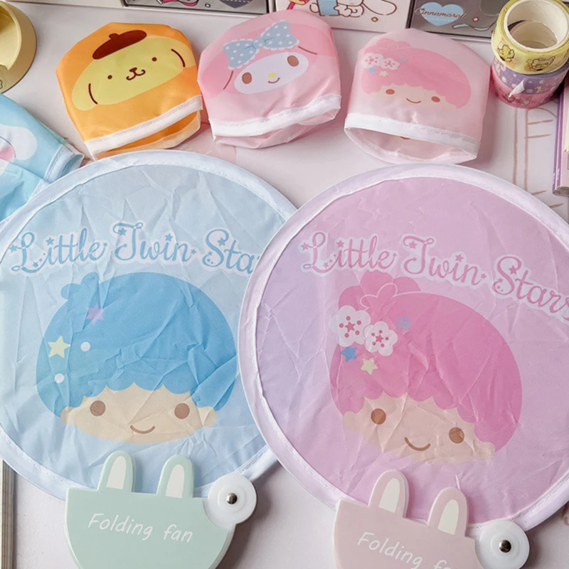 Веер Foldbale Sanrio Kawaii, аниме фигурка Kuromi Hello Kitty Melody, летний Портативный Ручной мини вентилятор, Круглый веер с сумкой для хранения