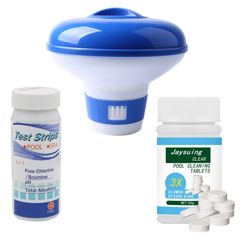 

100G Swimming Pool Cleaning Tablet Floating Chlorine Hot Tub Chemical Dispenser Cleaner With Pool Test Strips