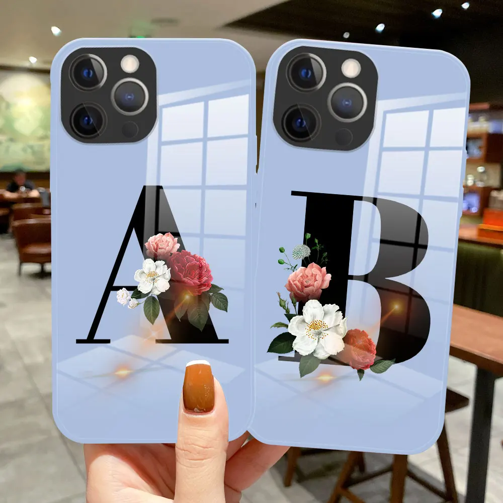 

DIY Custom Surname Letter flower Fashion Phone Case For iPhone 13 Pro Max 12 Pro Max 12 Mini luxury lavender purple Glass Cover