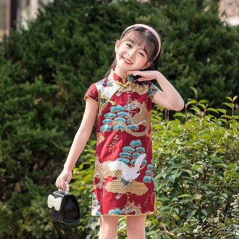Летняя одежда для девочек, детское платье Ципао принцессы Тан, платье с вышивкой и коротким рукавом, детская красная Новогодняя одежда, платья