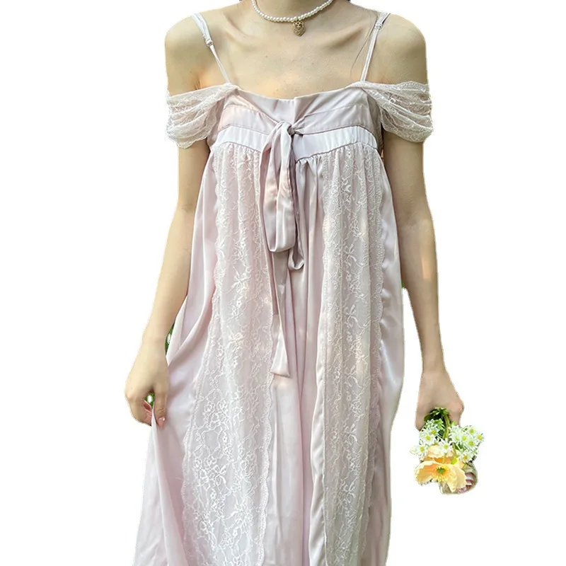 Long Nightgown Summer Female French Court Style Nightdress Sleepwear Sexy Lace Nightdress Home Dressing Gown Loose Lounge Wear