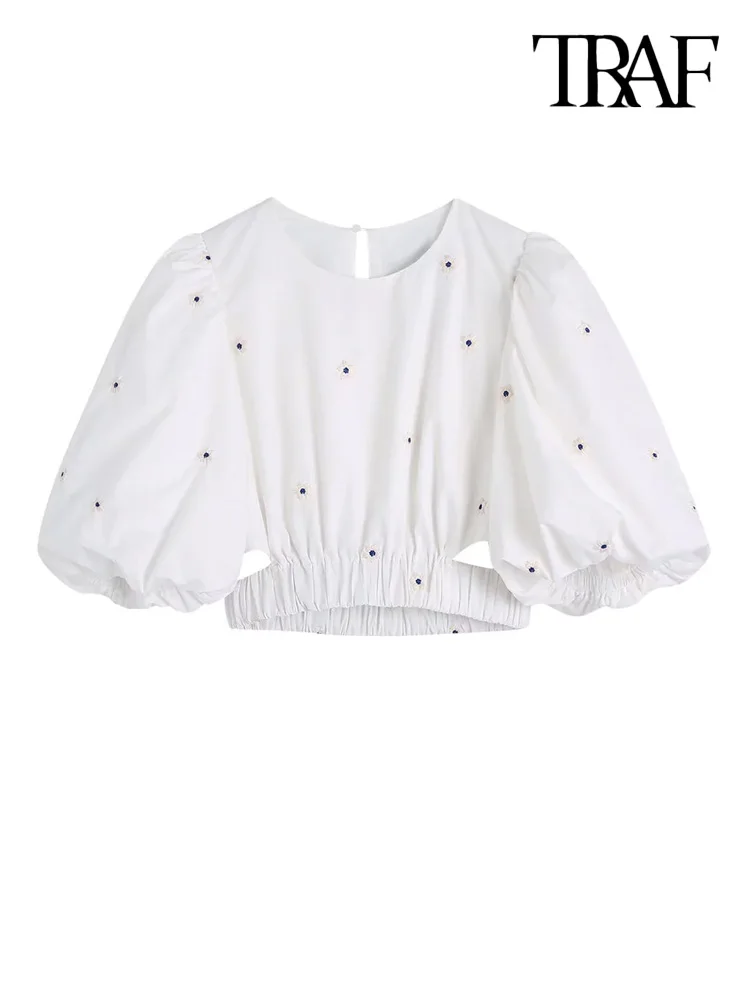 

TRAF Women Fashion Floral Embroidery Crop Poplin Blouses Vintage Puff Sleeves Elastic Hem Female Shirts Blusas Chic Tops
