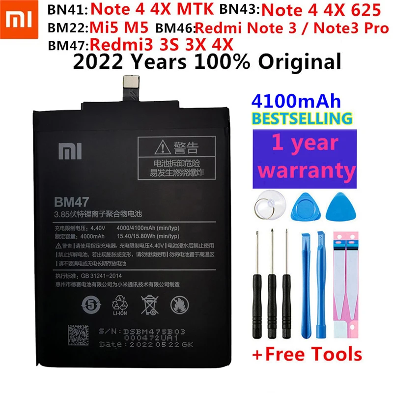 

Оригинальный аккумулятор Xiao Mi для телефона Xiaomi Redmi Note 4 4X 3 Pro 3S 3X 4X Mi 5 BN41 BN43 BM22 BM46 BM47, сменные батареи