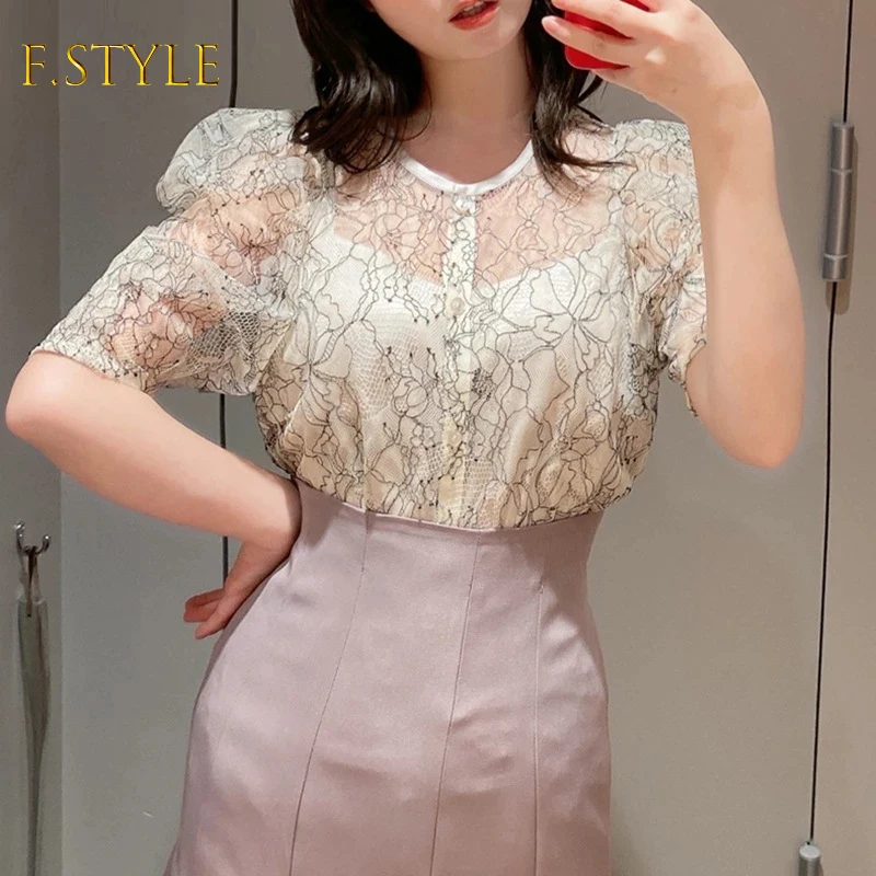 

2021 autumn new style Japanese sweet lace embroidery puff sleeve shirt women with lining