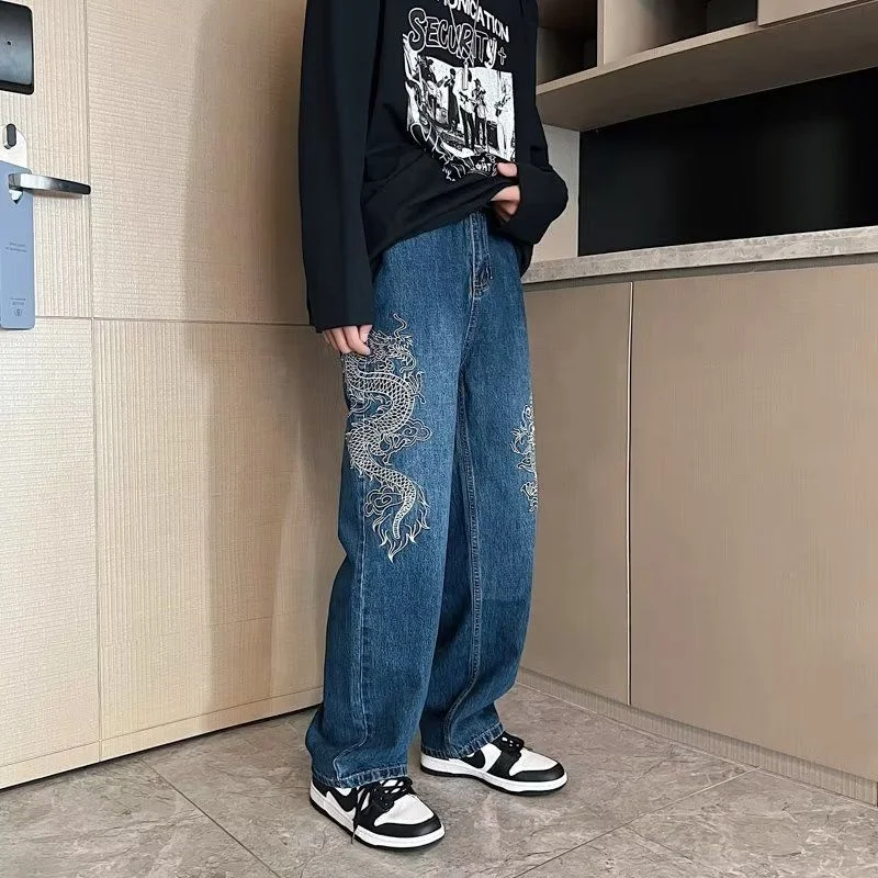 Blue Embroidered Jeans Men's Fashion Blue Casual Baggy Jeans Men Streetwear Hip Hop Loose Straight Denim Pants Mens Trousers