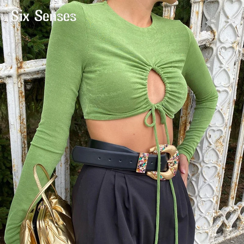 

Six Senses Women's Spring Autumn Long Sleeve T-shirt Fashion Solid Color Hollow Tie-up Exposed Navel Tops Streetwear Tops