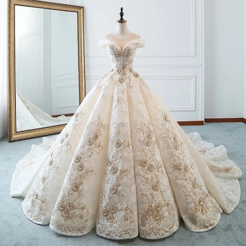 

Vintage Ivory Wedding Dresses Off The Shoulder Elegant Boat Neck Crystal Bead Lace Applique A-Line Princess Bridal Gown Backless