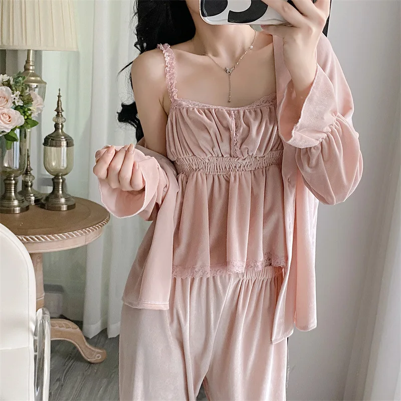 Женский теплый велюровый комплект брюк из 3 предметов теплая бархатная ночная