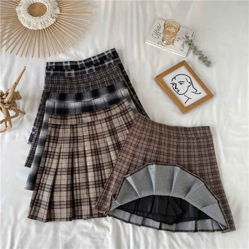

Korean Style Plaid Pleated Skirt Female Spring and Autumn High Waist Thin A-line Short Skirt Student Woolen Thick Skirt