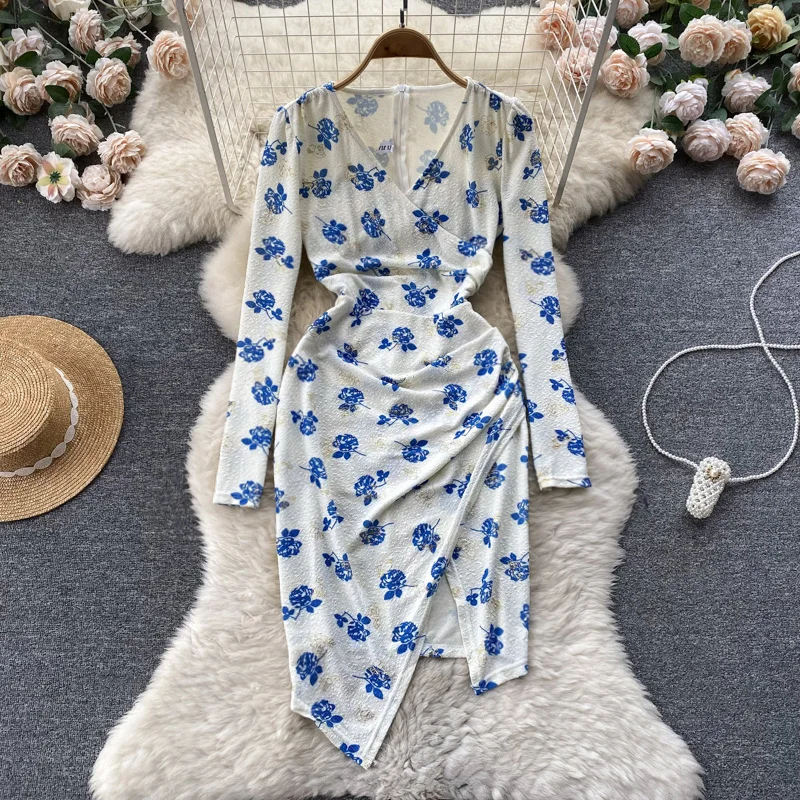 

French Chic Irregular Dress Floral Print Gradual Dresses Female Long Sleeve Autumn Split Vestidos Women Clothes Dropshipping