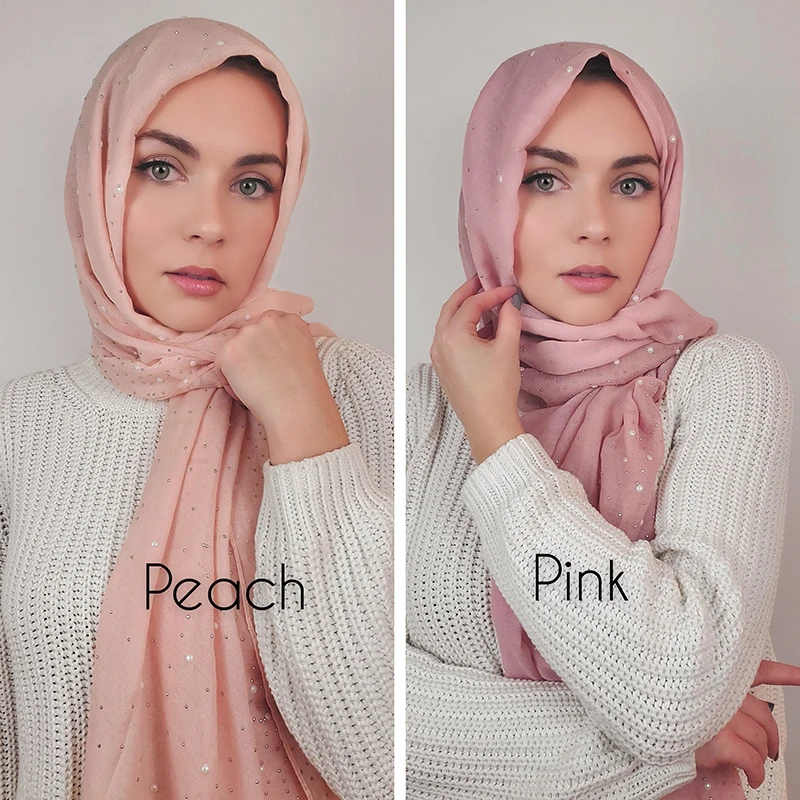 

2023 New Women Muslim Cotton Hijab Fashion Gypsophila Solid Color Turban Islamic Ramadan Long Hot Drill Porcelain Scarf Shawls