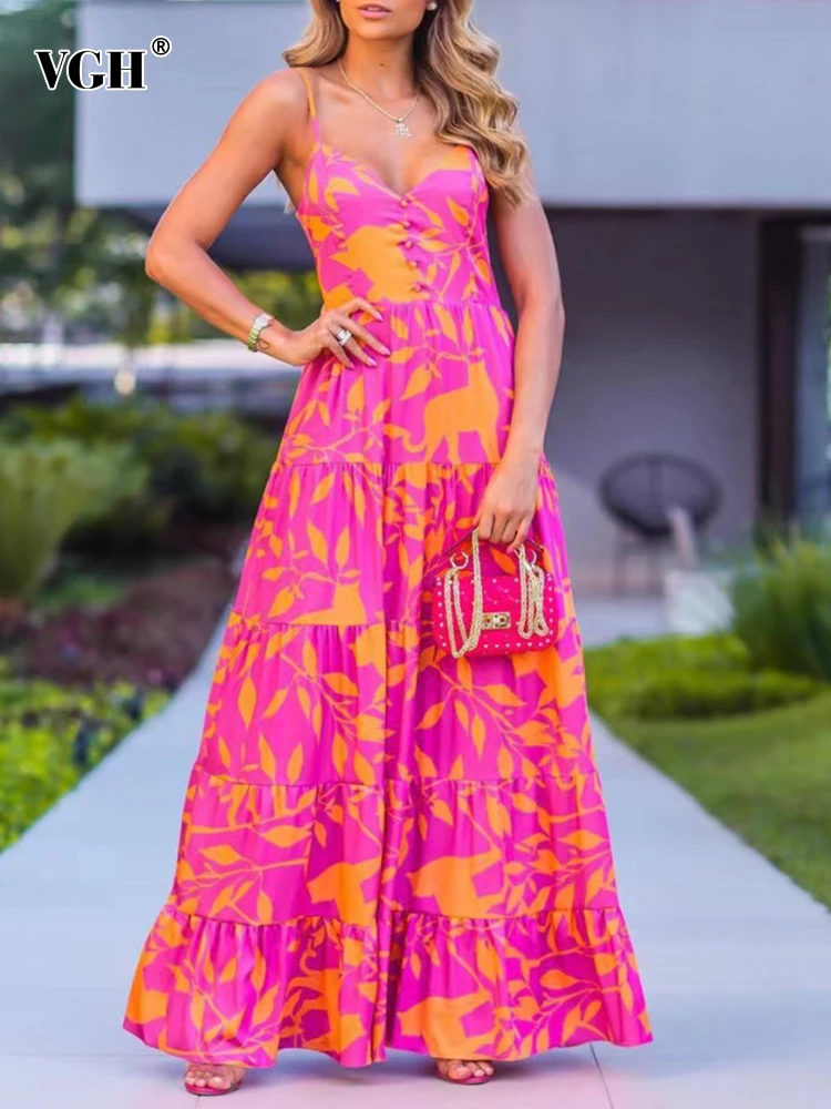 

VGH Sexy Print Spaghetti Strap Dress For Women Sleeveless High Waist Vintage Floor Dresses Female 2022 Summer Fashion Clothing