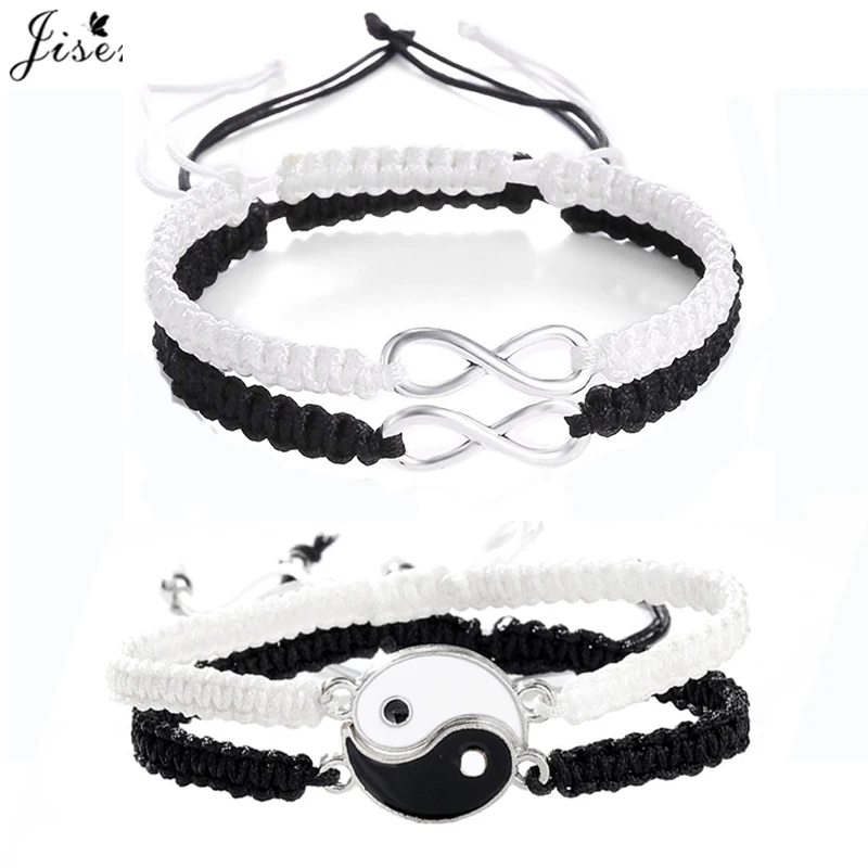

Tai Chi Yin Yang Couple Bracelets Black White Braid Chain Bracelet Punk Infinity Pendant Adjustable Matching Lover Bracelet BFF